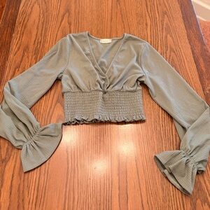 Altar'd State Sage Green Smocked Cropped V-Neck Top